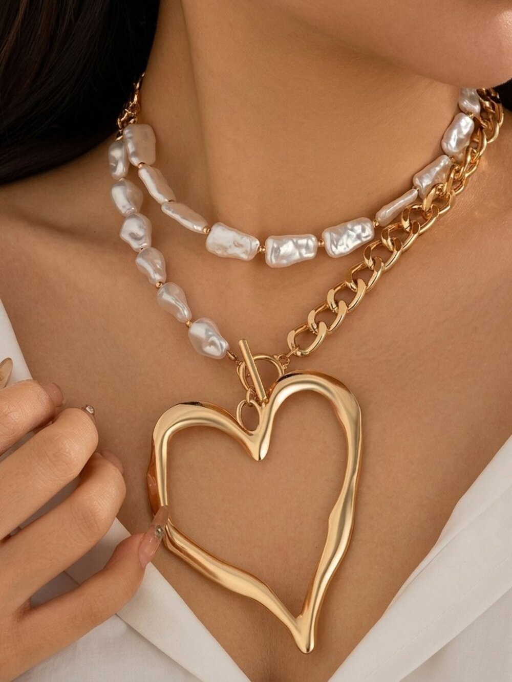 Chunky Gold Chain & Baroque Pearl Layered Necklace | Large Open Heart Pendant